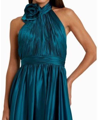 Mac Duggal Pleated Charmeuse High Neck Sleeveless Midi Dress