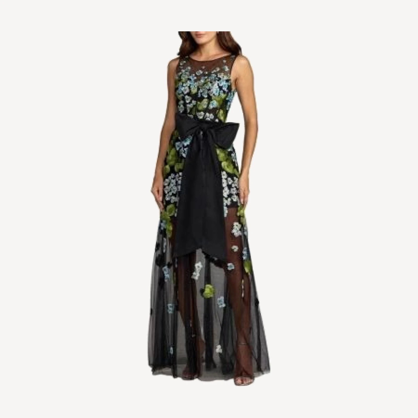 Mac Duggal Sleeveless Mesh Applique Gown With Bow Belt