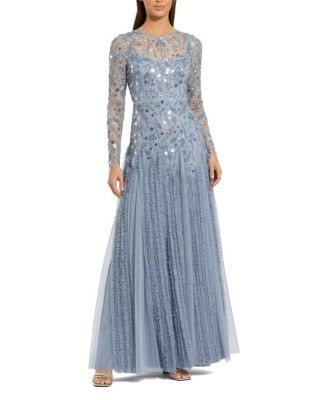 Mac Duggal Embellished Mesh Long Sleeve Ruffle hem Gown