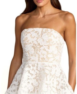 Mac Duggal Strapless Lace Tiered Floral Detail Midi Dress