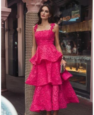Mac Duggal Sleeveless Embroidered Lace Ruffle Midi Dress