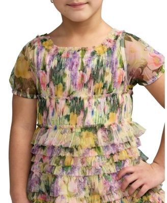 Mac Duggal Girls' Floral Scoop Neck Ruffle Dress - Little Kid, Big Kid