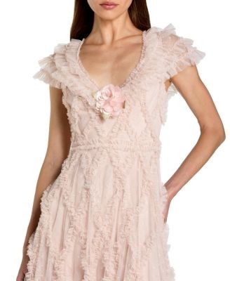 Mac Duggal Micro Ruffle Cap Sleeve A-Line Midi Dress