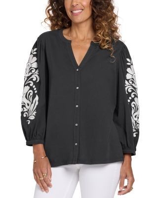 Nydj Embroidered Sleeve Split Neck Blouse