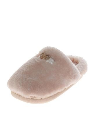 Badgley Mischka Women's Fluffy Rhinestone Logo Accent Slippers