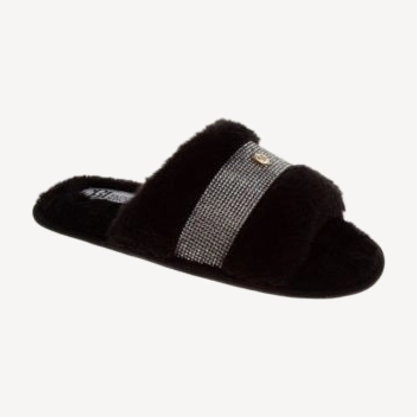 Badgley Mischka Women's Fuzzy Rhinestone Logo Slippers