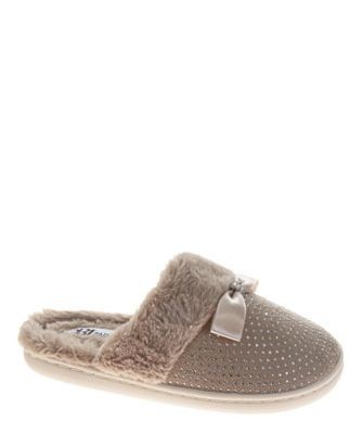 Badgley Mischka Women's Fluffy Rhinestone Bow Detail Slippers