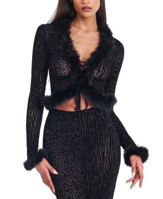 Miss Circle Hali Burnout Velvet Stretch Mesh Faux Fur Trim Top
