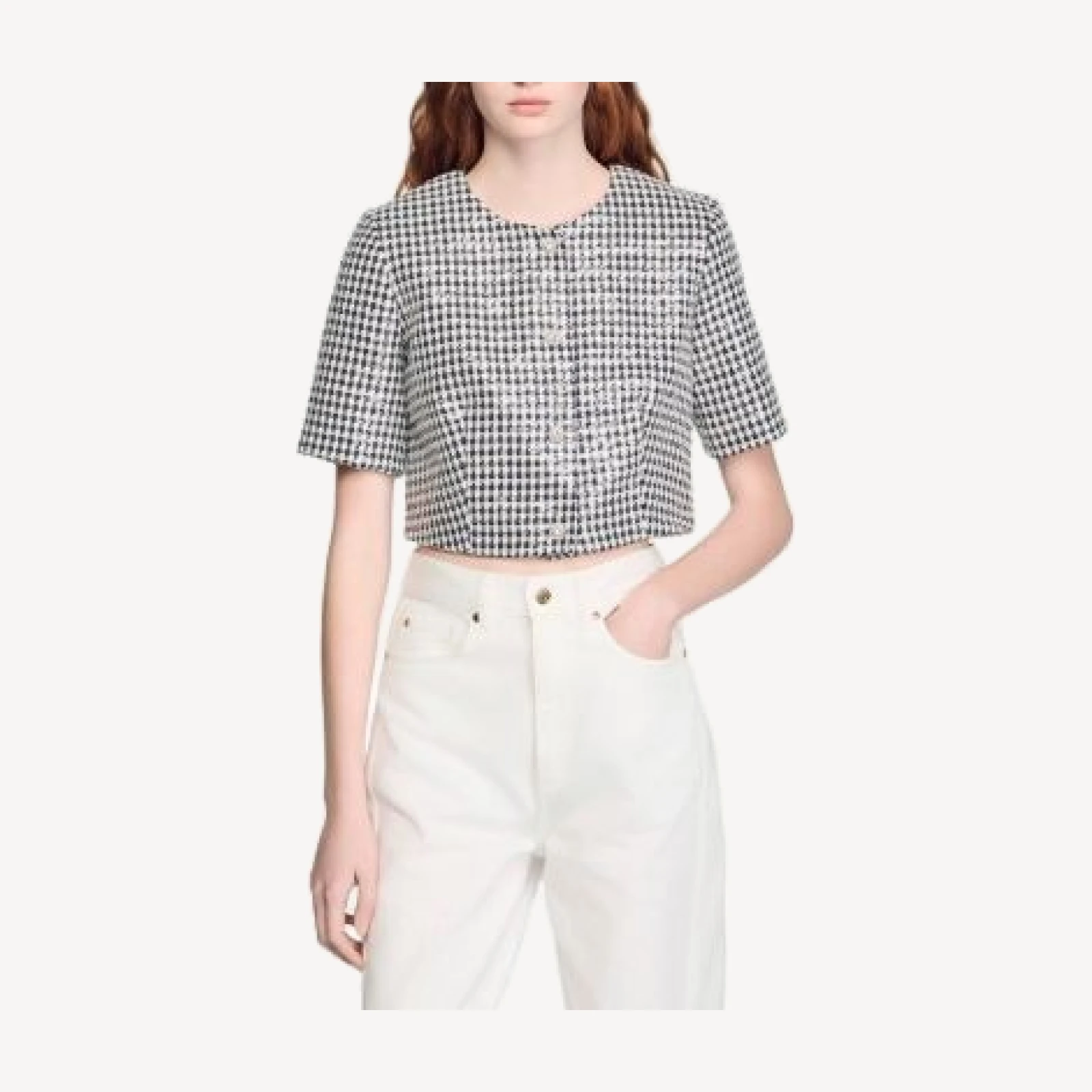 Sandro Cropped Houndstooth Tweed Jacket