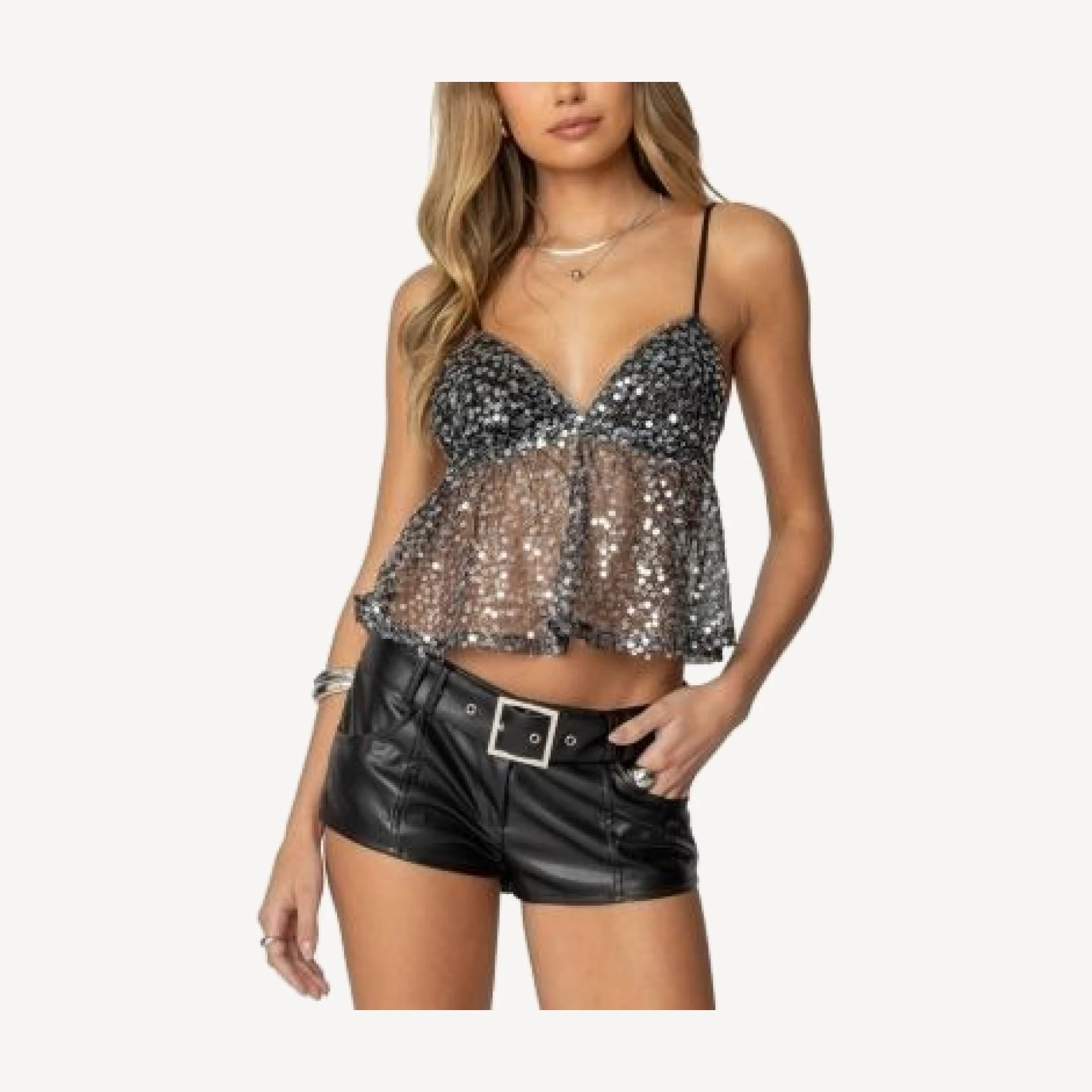 Edikted Sheer Sequin Babydoll Tank Top
