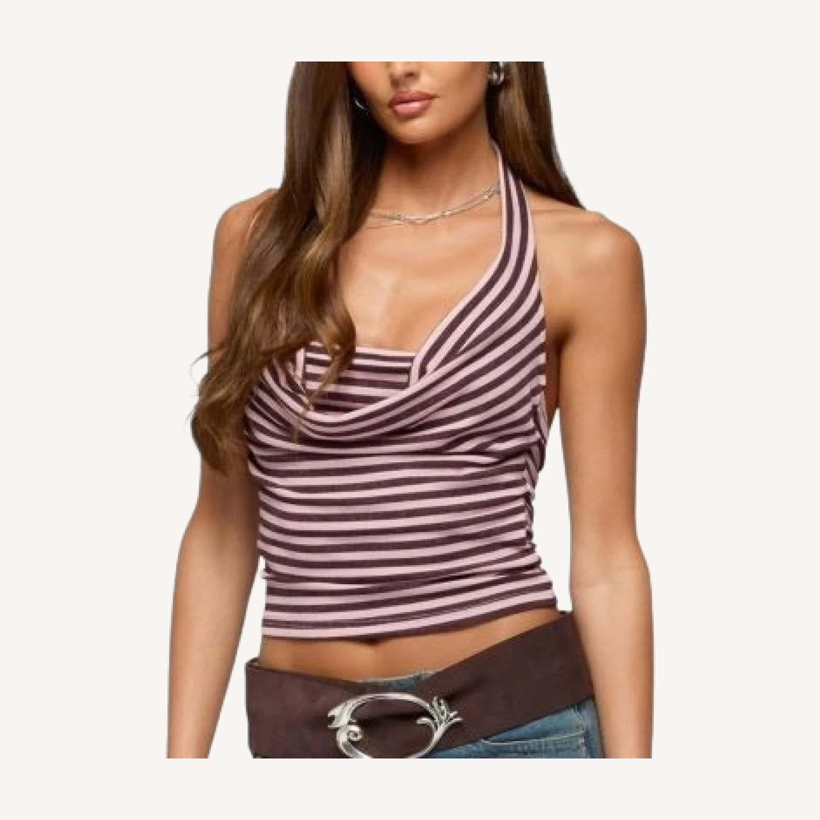 Edikted Jena Striped Layered Cowl Neck Top