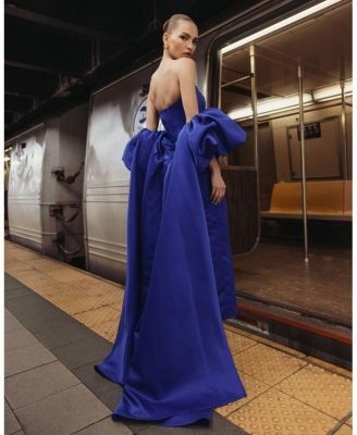Mac Duggal Strapless Puff Sleeve Satin Gown With Cape