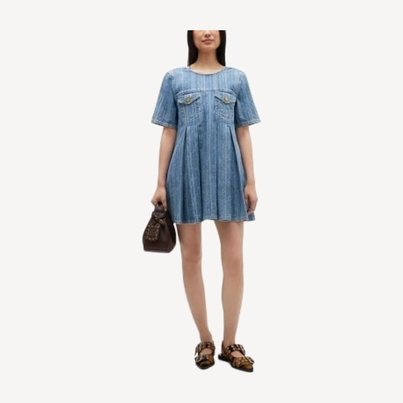 Ganni Striped Denim Pleated Dress
