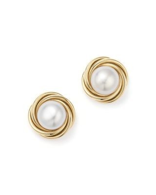 14K Yellow Gold Knot Stud Earrings with Cultured Freshwater Pearls