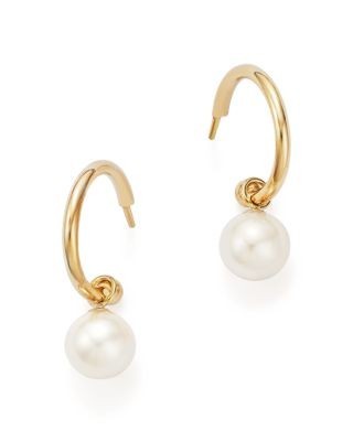 Cultured Freshwater Pearl Huggie Hoop Earrings in 14K Yellow Gold, 6mm