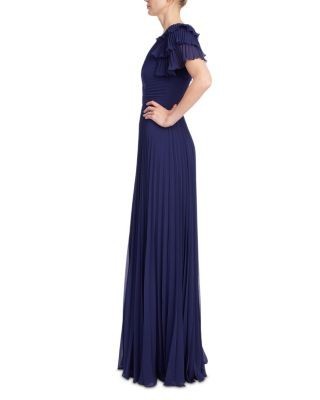 Badgley Mischka Pleated Ruffle Sleeve Gown