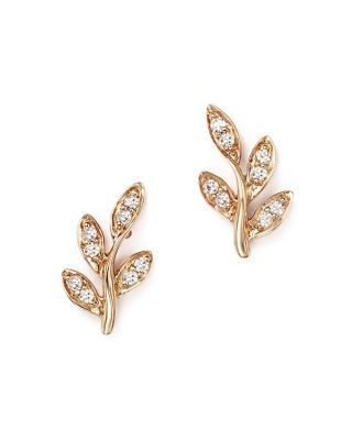 Diamond Leaf Stud Earrings in 14K Rose Gold, .10 tcw