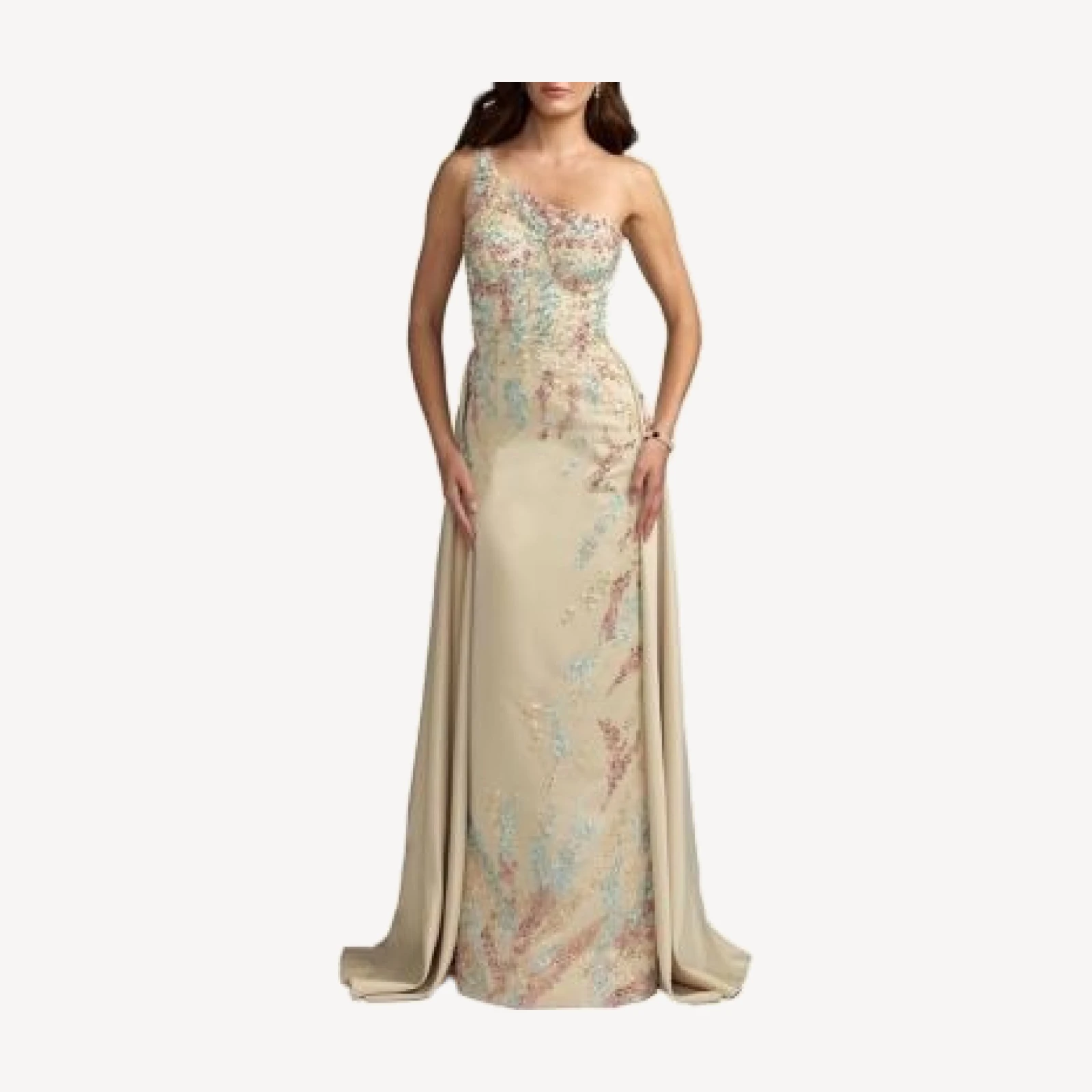 Mac Duggal One Shoulder Embellished Satin Gown with Overskirt