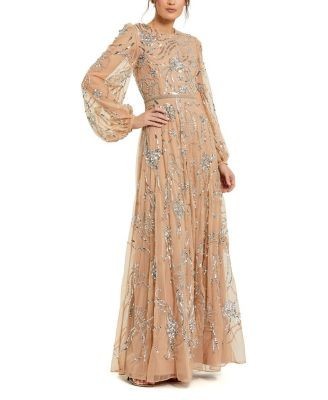 Mac Duggal Embellished High Neck Puff Sleeve Gown