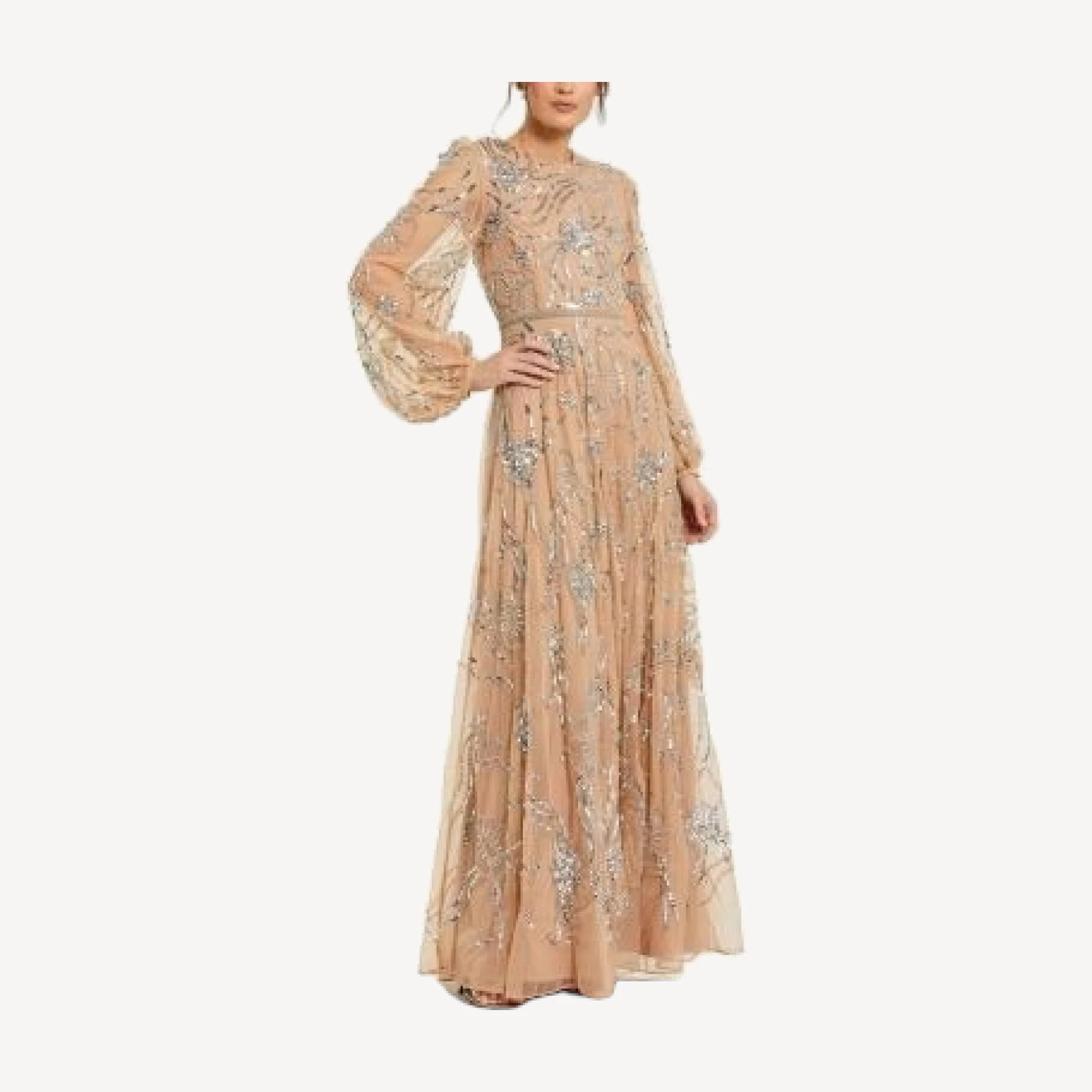 Mac Duggal Embellished High Neck Puff Sleeve Gown