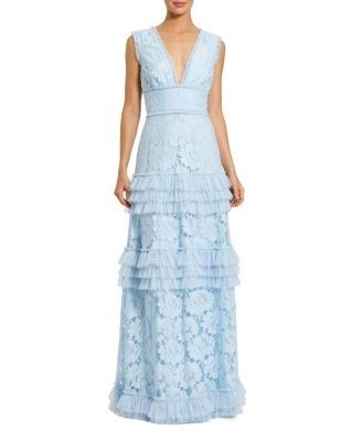 Mac Duggal V Neck Lace Tiered Ruffle Gown