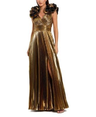 Mac Duggal Pleated Metallic V Neck Gown with Ruffle Detail