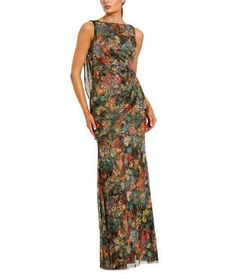 Mac Duggal Printed Mesh Cowl Back Column Gown