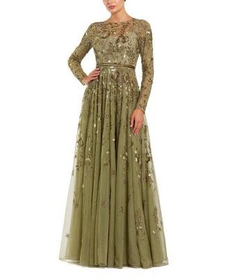 Mac Duggal Long Sleeve Hand Embellished Floral A-line Gown