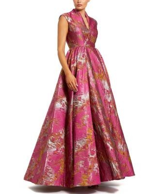 Mac Duggal Metallic Jacquard Ball Gown with Notched Collar
