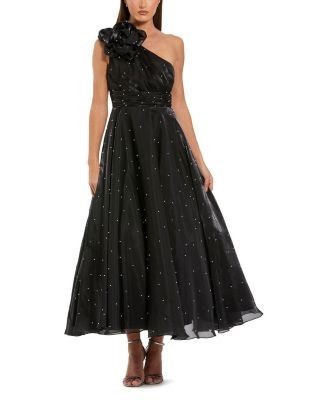 Mac Duggal Pearl Beaded Organza One Shoulder Midi Dress