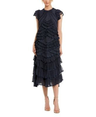 Mac Duggal High Neck Ruffle Mesh Midi Dress