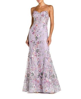 Mac Duggal Spaghetti Strap Floral Embroidered Trumpet Gown