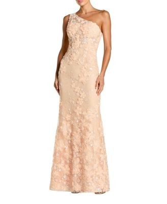 Mac Duggal One Shoulder Floral Embroidered Column Gown