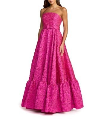 Mac Duggal Strapless Floral Brocade Ruffle Hem Gown with Belt