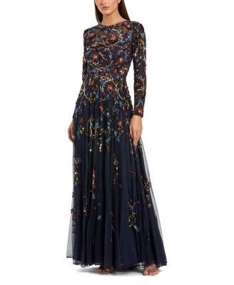 Mac Duggal Beaded Mesh Long Sleeve High Neck A Line Gown
