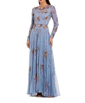 Mac Duggal Long Sleeve Embellished Floral A-Line Evening Gown