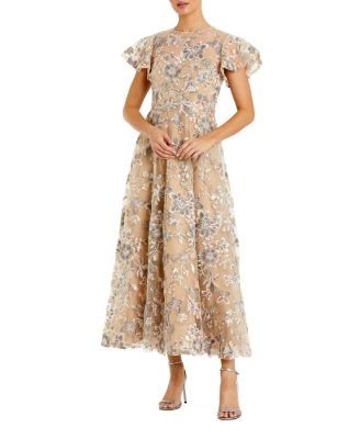 Mac Duggal Embroidered Floral Mesh A-Line Midi Dress
