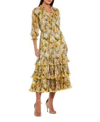 Mac Duggal Floral V-Neck Ruffle Midi Dress with 3/4 Sleeves