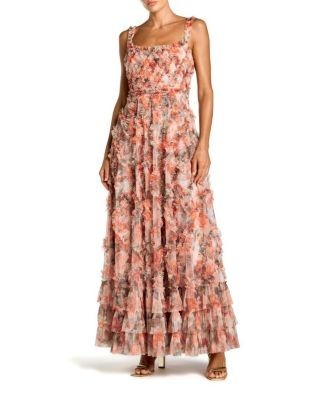Mac Duggal Floral Mesh Sleeveless Micro Ruffle A Line Gown