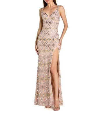 Mac Duggal Beaded Sweetheart Neck Column Gown with Slit