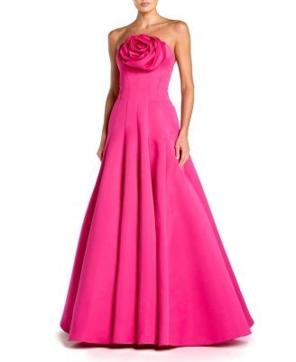 Mac Duggal Satin Strapless Ballgown with 3D Flower Detail