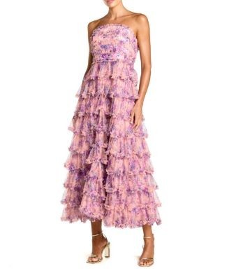 Mac Duggal Printed Mesh Strapless Ruffle A Line Midi Dress