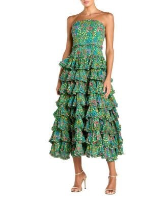 Mac Duggal Floral Cotton Strapless Tiered Ruffle Midi Dress
