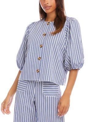 Karen Kane Stripe Puff Sleeve Button Front Top