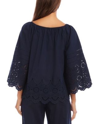 Karen Kane Flare Sleeve Embroidered Scallop Edge Peasant Top