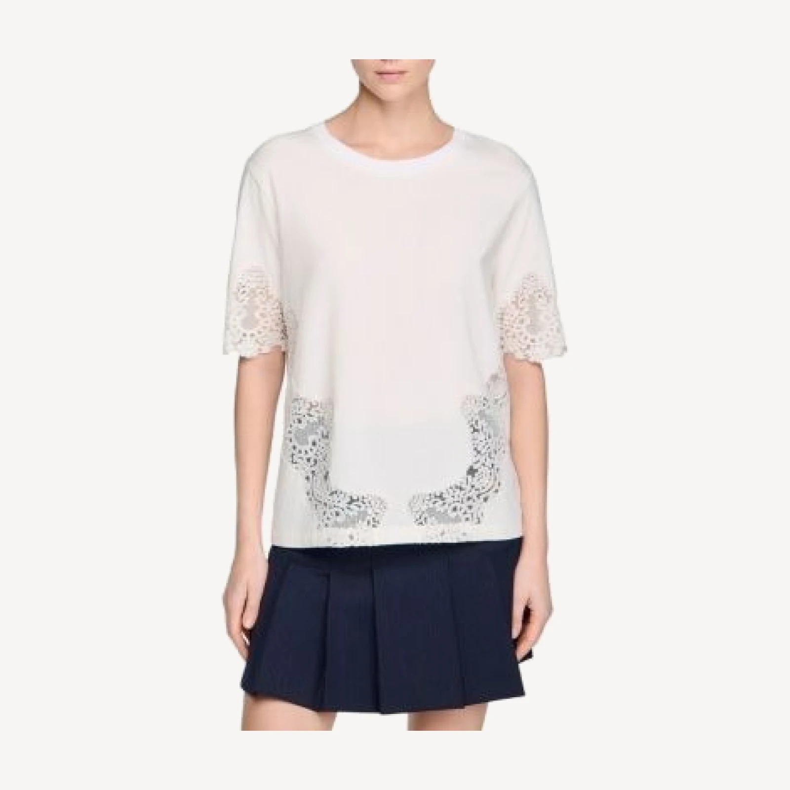 Sandro Cotton Tee with Lace Detail