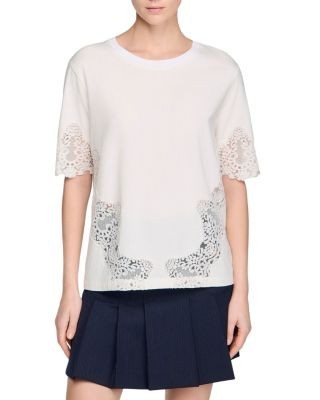 Sandro Cotton Tee with Lace Detail