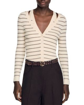 Sandro Gabri Stripe Rib Knit Cardigan Sweater