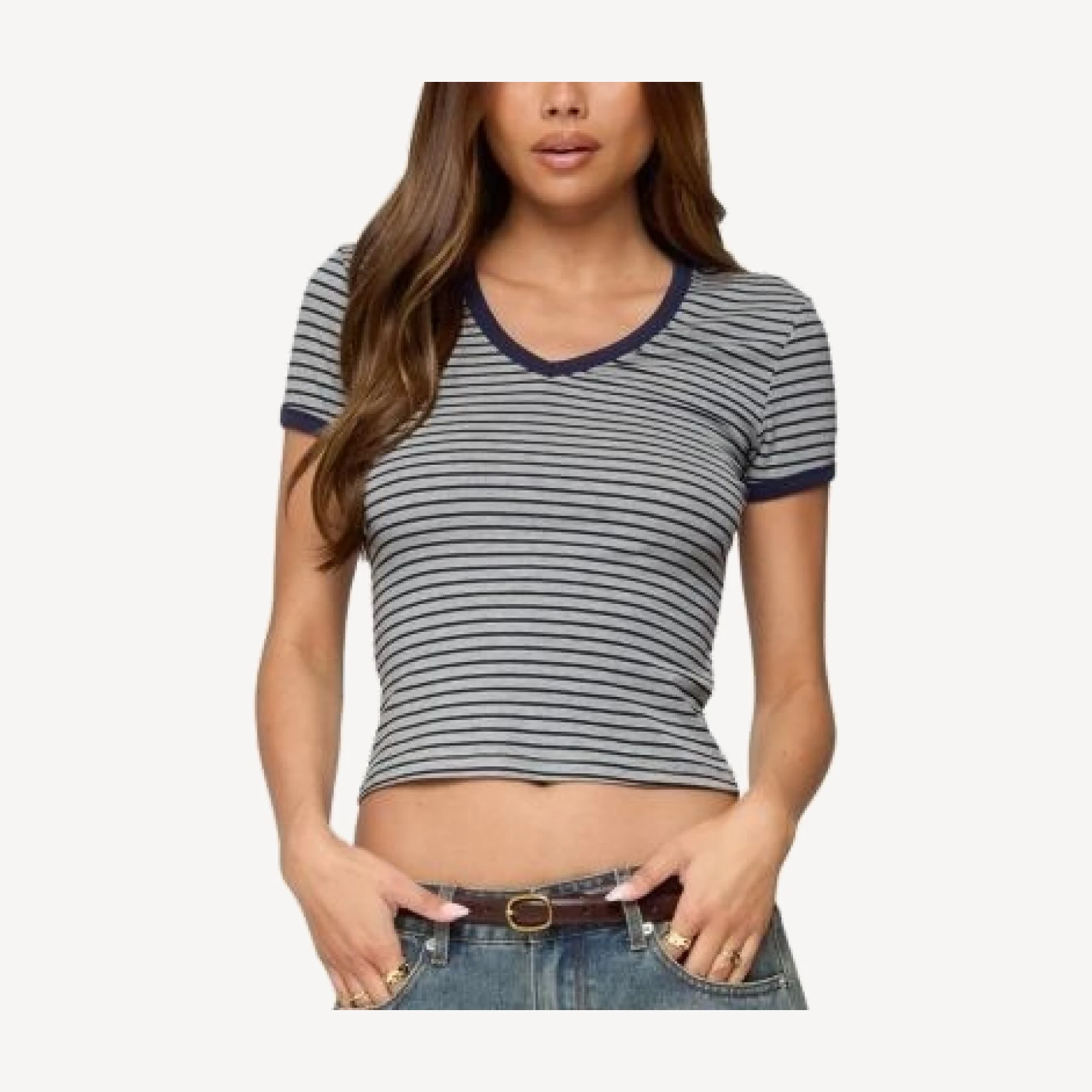 Edikted Fawn Striped V Neck T Shirt