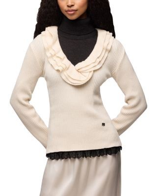 Ganni Ribbed Merino Wool-Blend Ruffel Sweater